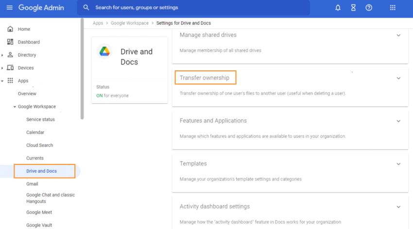 Transfer ownership in Google Workspace